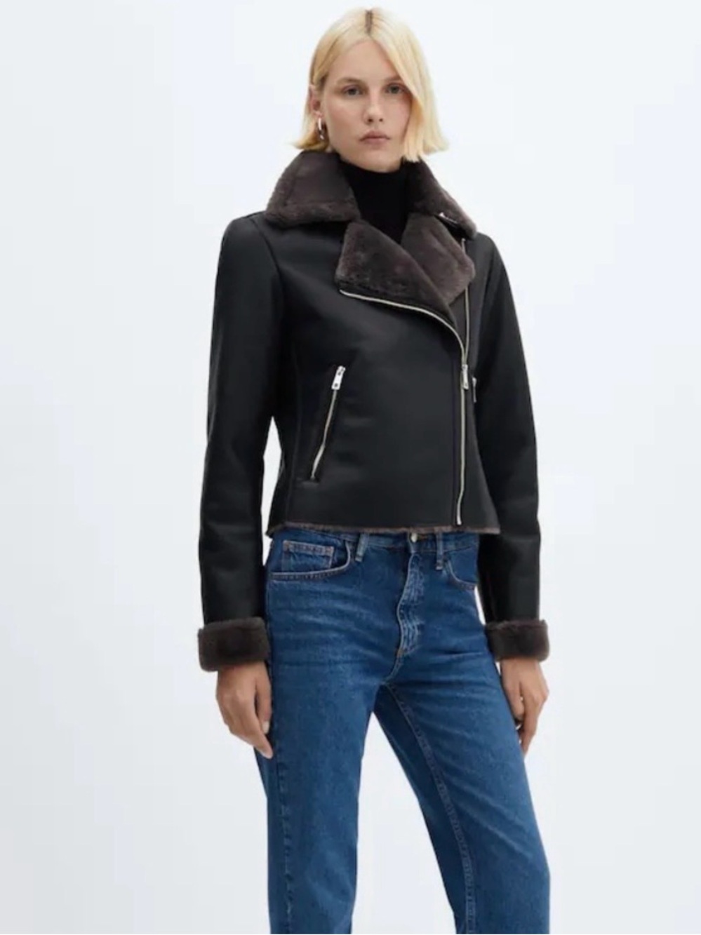 Mango Black Faux Leather Aviator Jacket Faux Fur Collar M